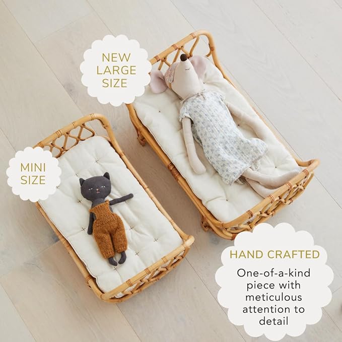 BEBE BASK Small Premium Rattan Baby Doll Bed 17 x 10 x 7,5 in –Handcrafted & Award-Winning - Perfect First Wooden Doll Bed - Luxe Mattress (Small)