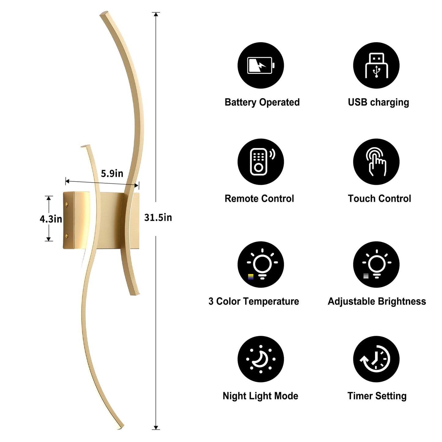 KARTOOSH LED Wall Sconces Set of Two, Remote Control, Dimmable, 31.5 Inch, Gold, Model ZM319BGD80