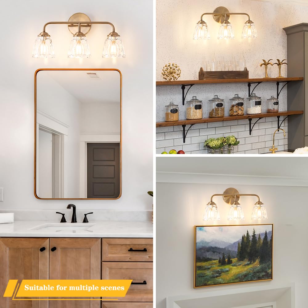 Daunton 3-Light Bathroom Vanity Light Gold  Vintage Vanity Light Fixtures Over Mirror  Brass Bathroom Light With Flower Glass Shade  Art Deco Wall Sconce Lighting For Bedroom  Living Room