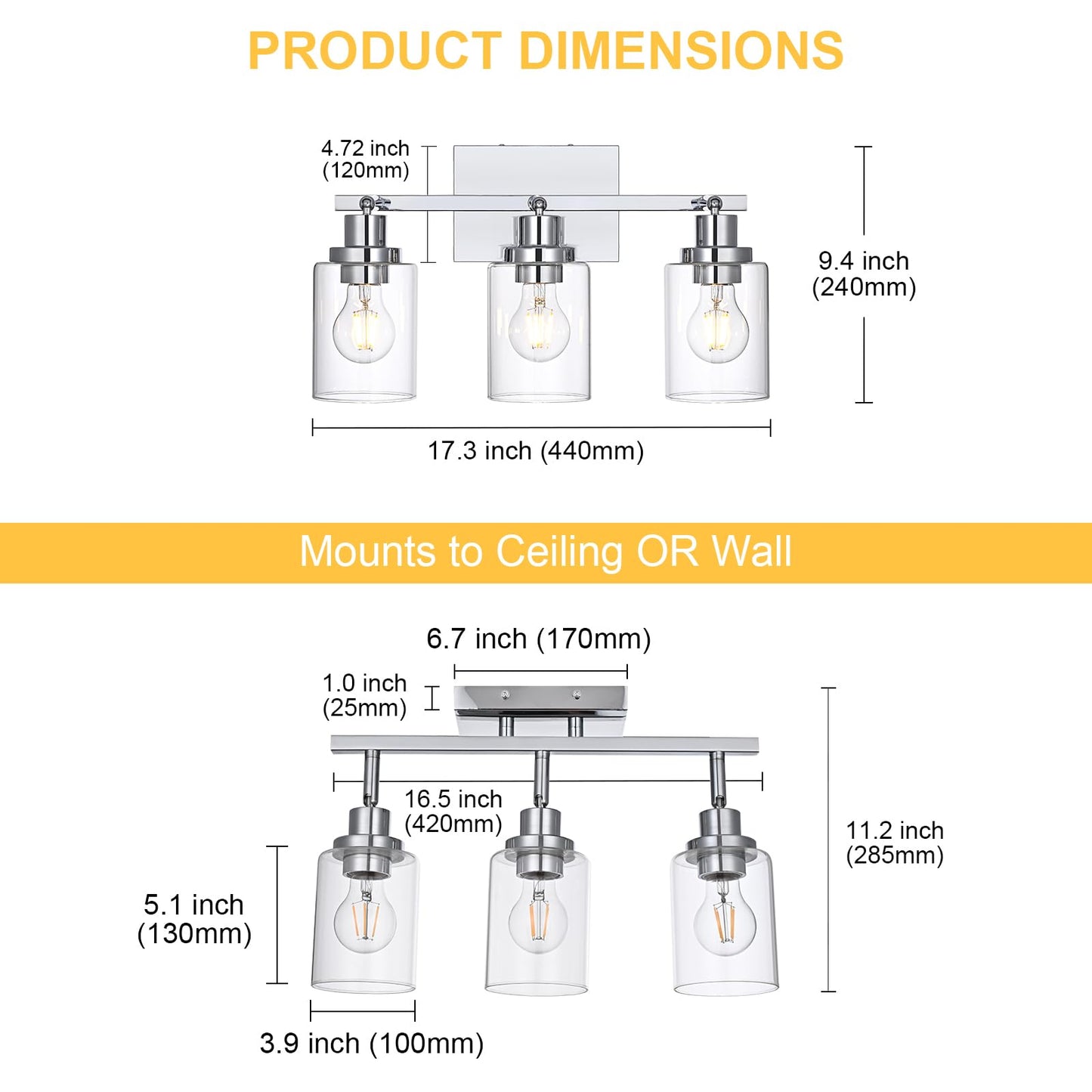 Wanluce 3-Light Track Lighting Kit Ceiling Kitchen Track Lighting Fixtures Chrome Bathroom Vanity Wall Lights With Clear Glass Multi-Directional Rotating Tracking Light Heads Spotlight For Accent Shop