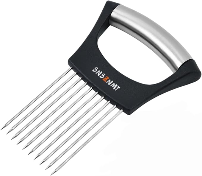 Onion Holder for Slicing, Upgrade Stainless Steel Onion Slice Holder Lemon Slicer Vegetable Cutter, Assistant Tool for Slicing Fruit, Potato, Tomato and Meat (1 Pack)