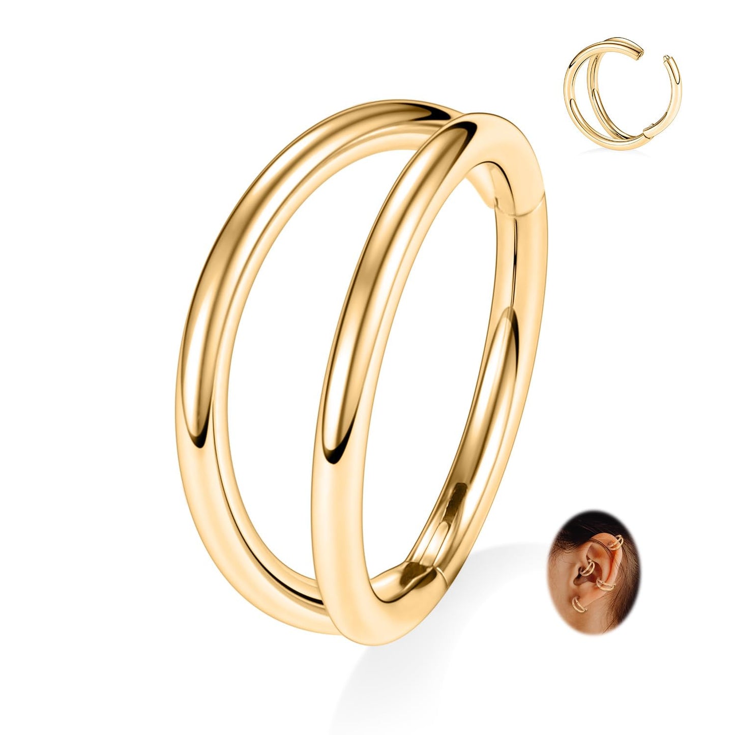 FUNLMO Conch Helix Tragus Rook Daith Nose Ring - Gold Septum, Double Hoop, Cartilage Hoop Earring - 316L Surgical Steel - 16G, 1