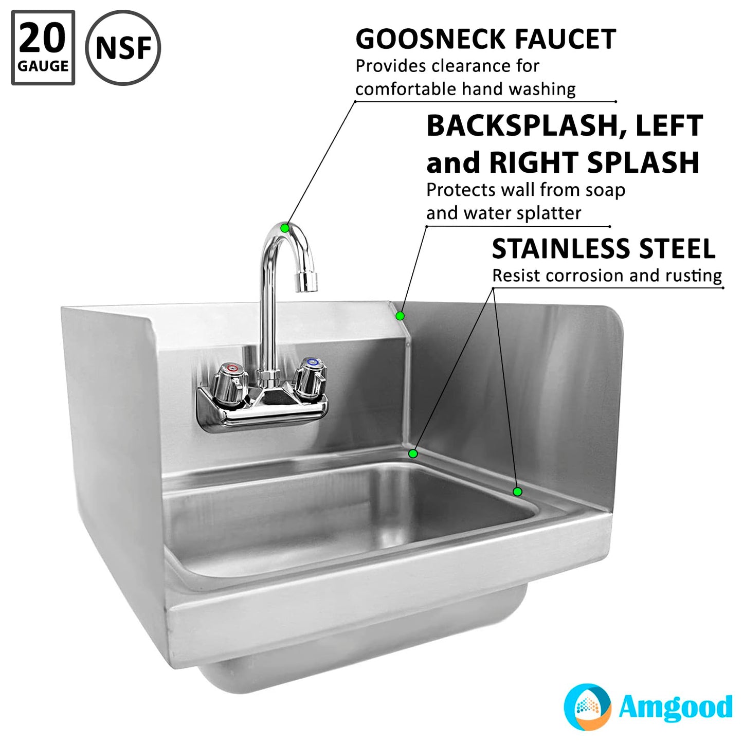 AmGood Stainless Steel Wall Mount Hand Sink with Faucet | Commercial Hand Washing Basin For Restaurant, Kitchen | NSF. (12" x 12" with Sidesplash)