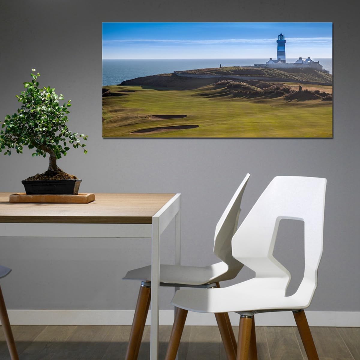 Lighthouse Golf Pictures Landscape Panoramic Picture Office Home Decor Sport Themed Landmark Golfing Field for Living Room Wall Art Framed Large Size 24x48inch