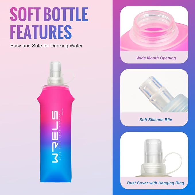 Collapsible TPU Soft Flask,Reusable Handheld Soft Water Bottle for Hydration Pack,BPA Free Gradient Folding Water Flask for Running Cycling Climbing (Rose Red&Dark Blue-500ml*2)