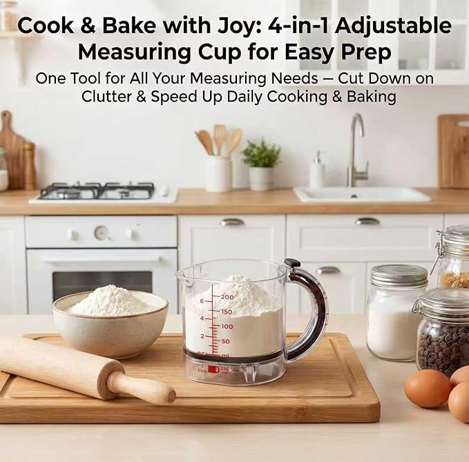 4-in-1 Adjustable Measuring Cup with Scraper Lid & Push-Up Base, Multi-function 1 Tbsp to 1 Cup Kitchen Tool for Sticky Ingredients, Baking & Cooking, Space Saving Design (Size Options) (2)