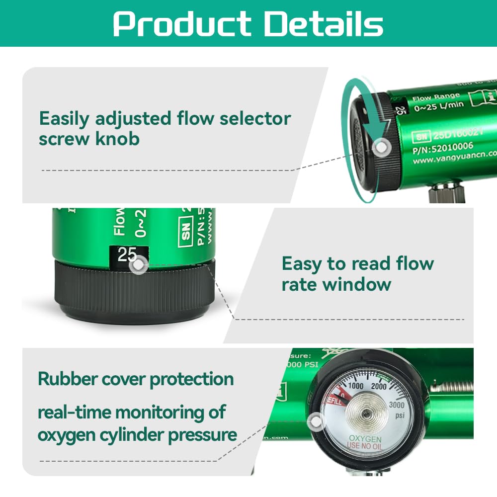 Oxygen Regulator EMS Professional Grade CGA870, 0-25 LPM with Gauge, Dual Outlet (Check Valve & Barb), Brass Sleeve Design, Includes Wrench, Oxygen Tubing Swivel Nipple and 5 Brass Yoke Washer Seals