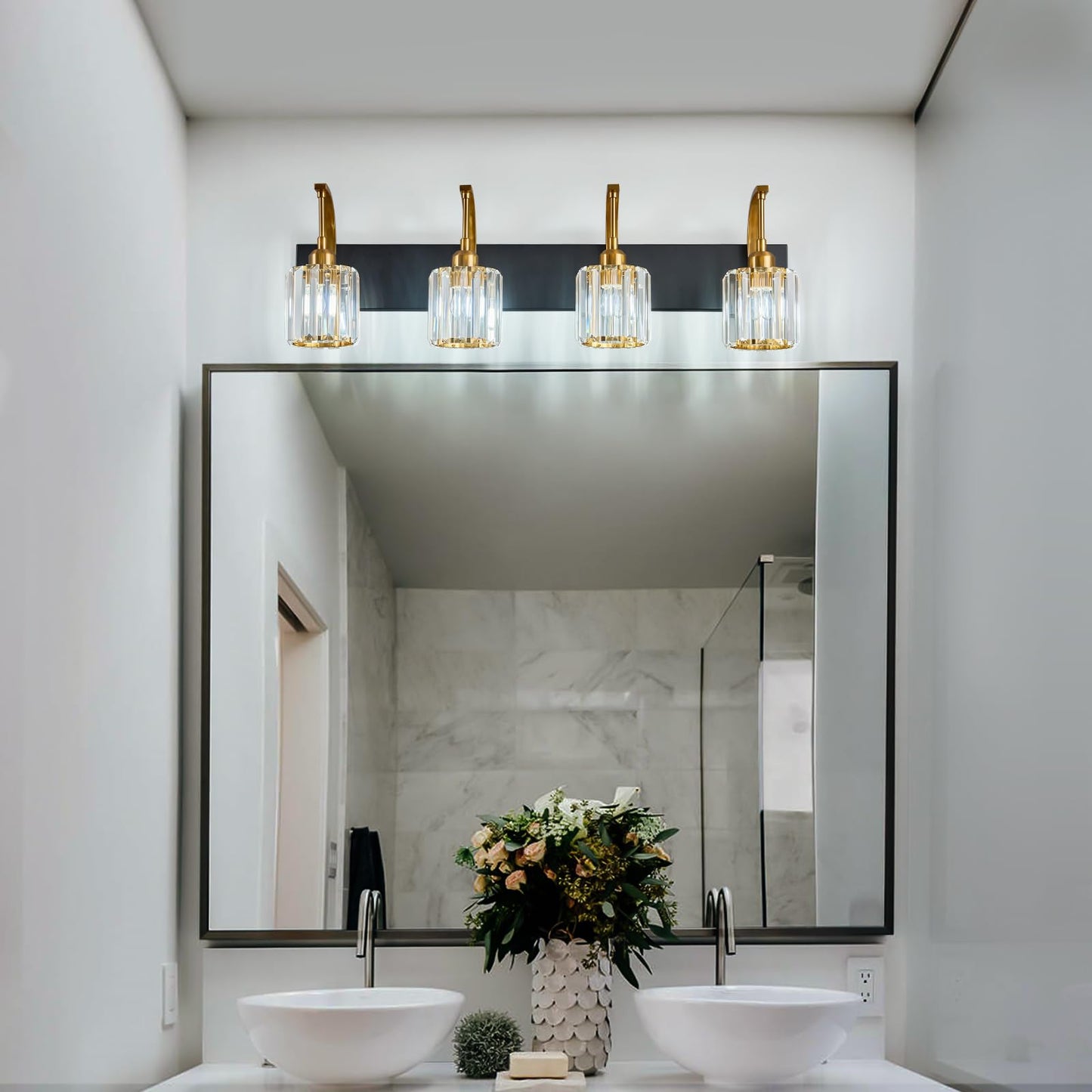 Fdpby 4-Light Crystal Vanity Light  Modern Black Gold Bathroom Wall Sconce With K9 Crystal Shades  32.67 Long Over Mirror Lighting For Vanity  Makeup  Hallway  Elegant & Easy Install