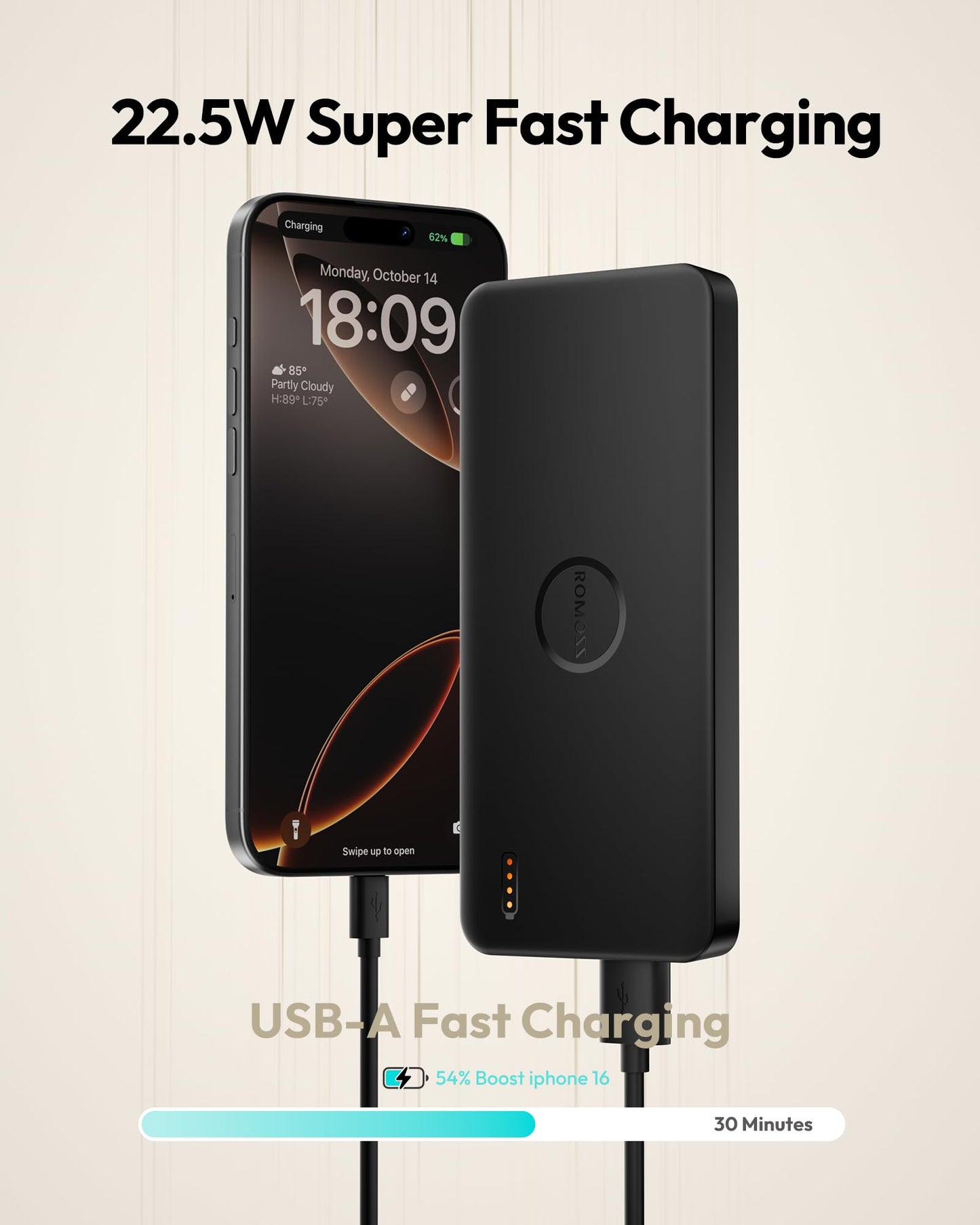Romoss Portable Charger, Slim 22.5W Fast Charging Power Bank, 10,000Mah Battery Pack With Usb C In&Out For Iphone 16 15 14 13 12