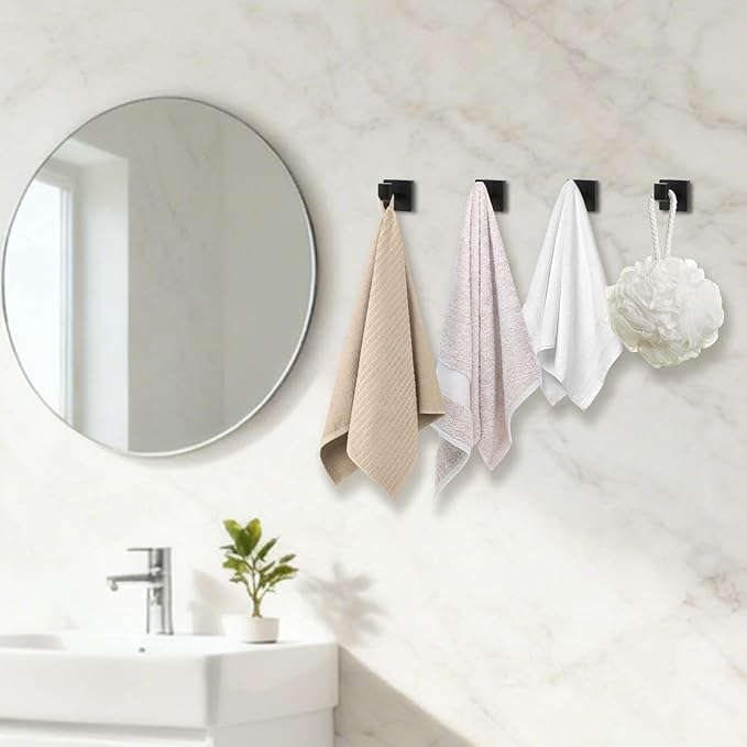 4 Pack Black Towel Hook, Matte Black Stainless Steel Wall Hooks for Bathrooms, Heavy Duty, Square, Robe Hooks, for Bathroom, Kitchen, Bedroom