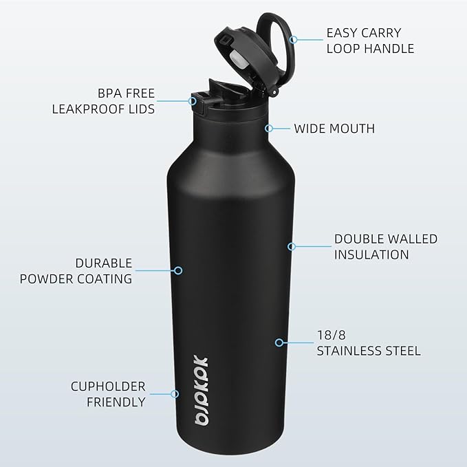 BJPKPK Insulated Water Bottle With Straw 25oz Stainless Steel Water Bottles With 2 Lids And Carry Handle Reusable Travel Metal Thermal Flask,Black