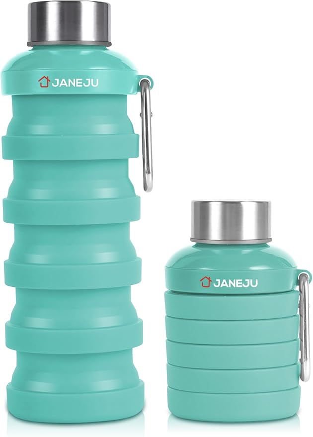 JaneJu Collapsible Water Bottle, 17oz BPA Free Silicone Reusable Portable Lightweight Foldable Water Bottles with Carabiner, Portable Leak Proof Sports Water Bottle (Green)