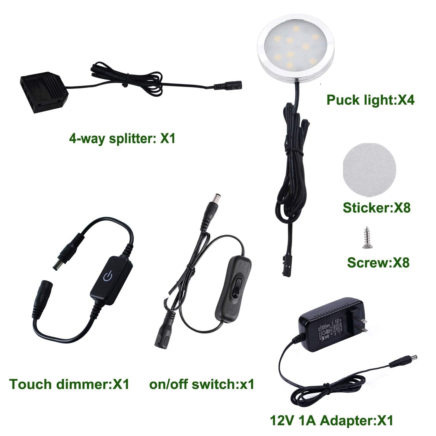 AIBOO Under Cabinet LED Puck Lights Kit, Touch Dimming Switch, 4 Lights, 6000K Daylight White, Model touch4-cw