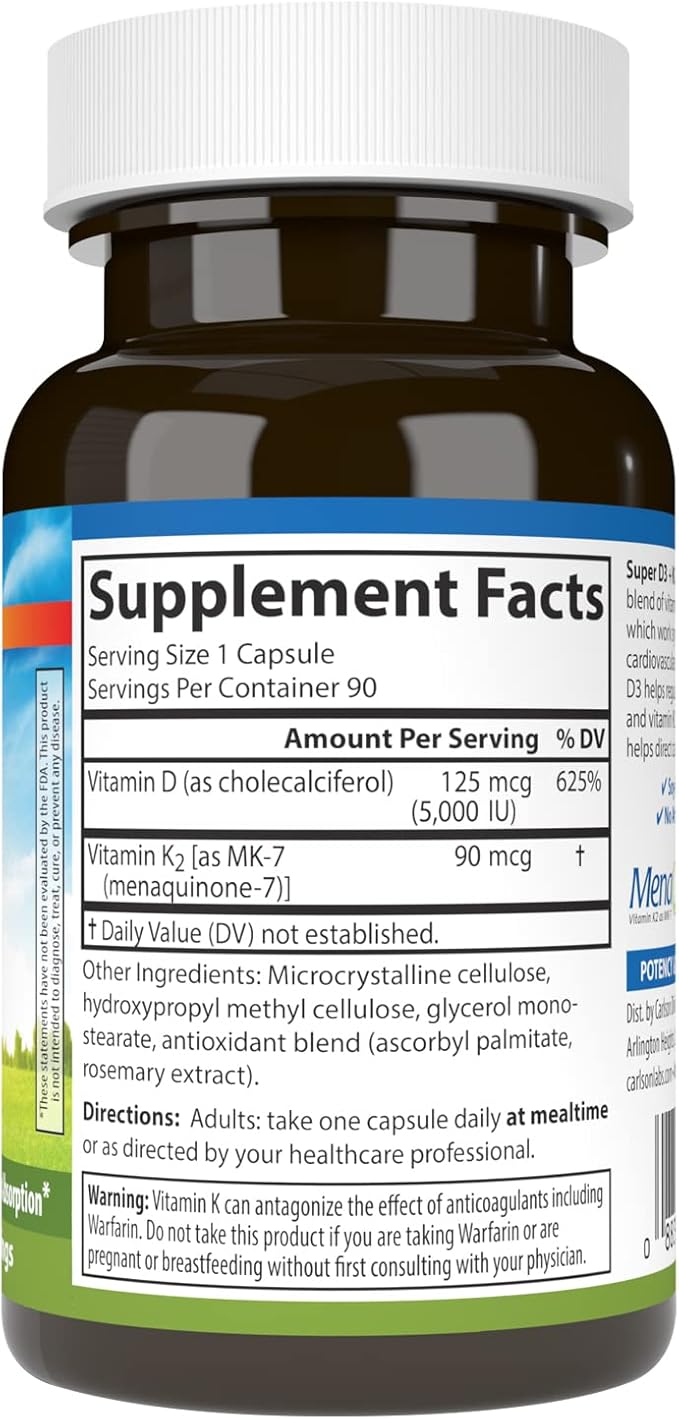 Carlson - Super D3 + K2, 125 mcg (5000 IU) Vitamin D3, 90 mcg Vitamin K2 as MK-7, Bone Support, Calcium Absorption, 90 Vegetarian Capsules