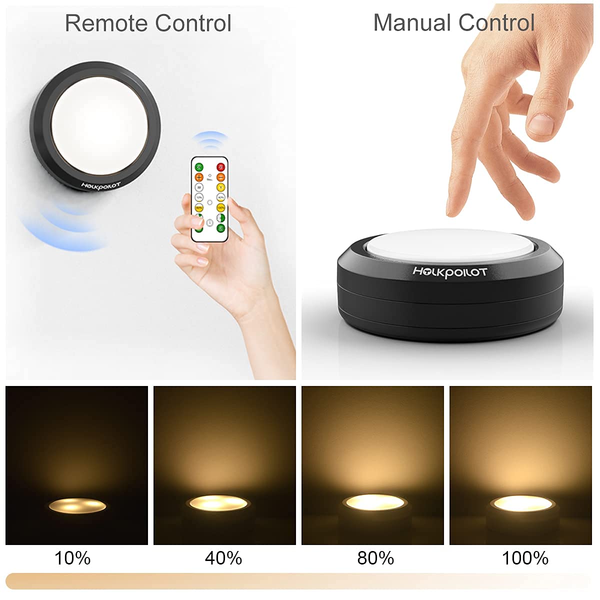 HOLKPOILOT LED Puck Lights with Remote Control, Dimmable, Battery Operated, 4 Pack, Black