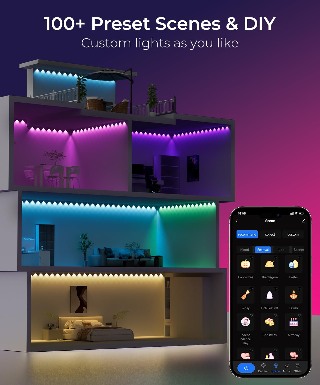 SMAVISTA Smart RGBW+IC String Downlights, 20ft, 30 LED Lights, 111 Scene Modes, Music Sync, White, Model C5108-B