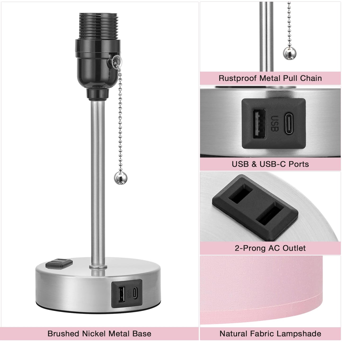 Dicoool Pink Bedroom Lamp - 3 Color Temperatures, USB C & A Ports, 14.6in, Silver Metal Base, Model 15-11