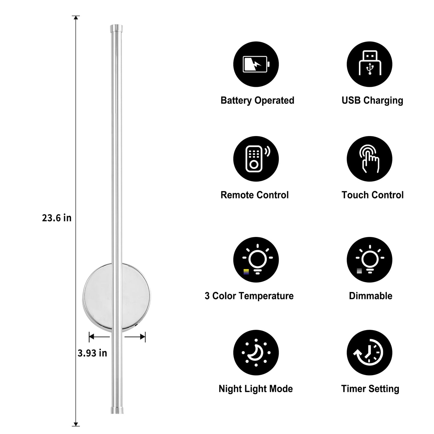 KARTOOSH Battery Operated Wall Sconces Set of 2, Dimmable LED, Chrome, 23.6 Inch, Model ZM322B, Remote Control, 3 Color