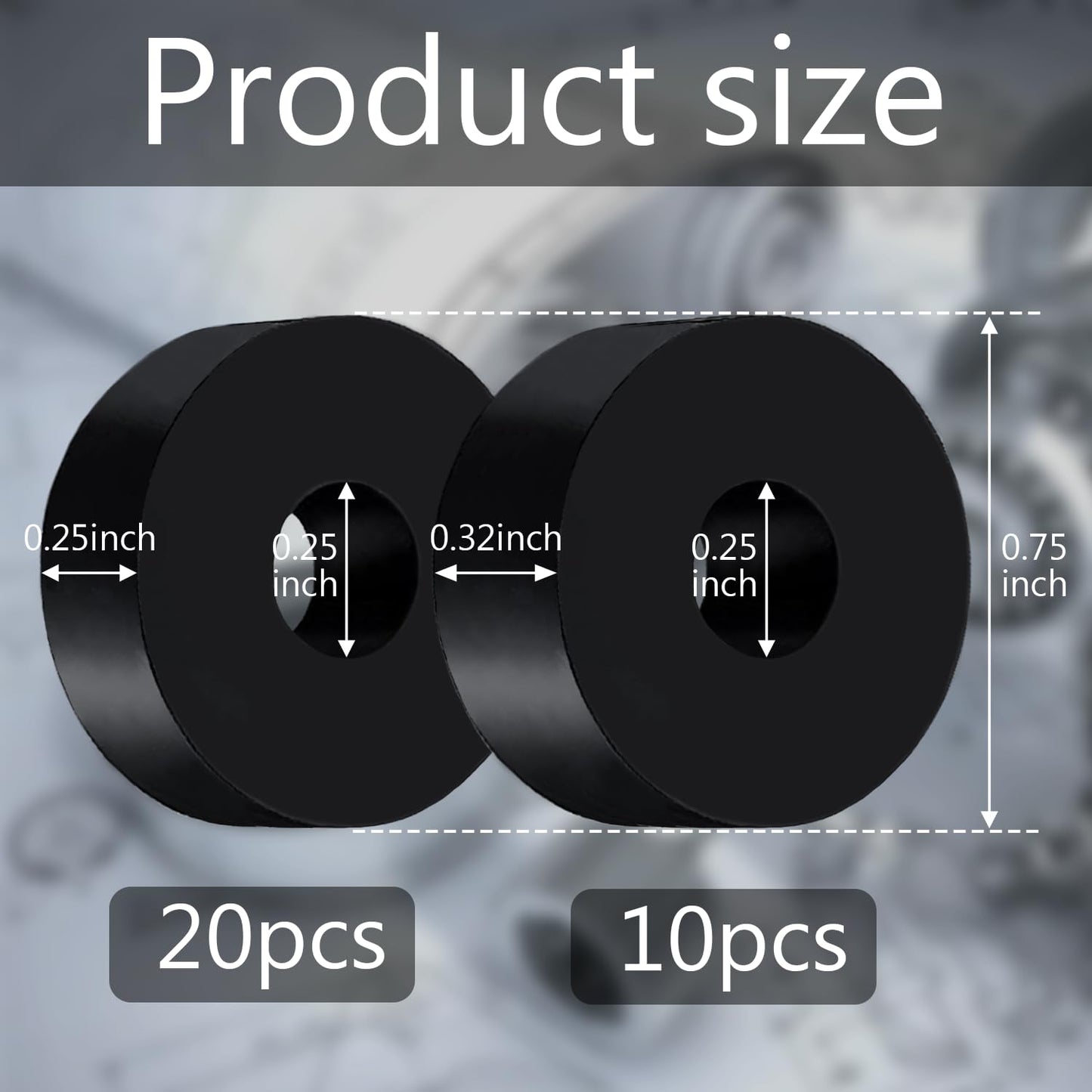 Rubber Washer Set: 2 Sizes (3/4" OD x 1/4" ID) Black Non-Slip Thick Grommets for Vibration Isolation (0.25" & 0.32" Thickness)