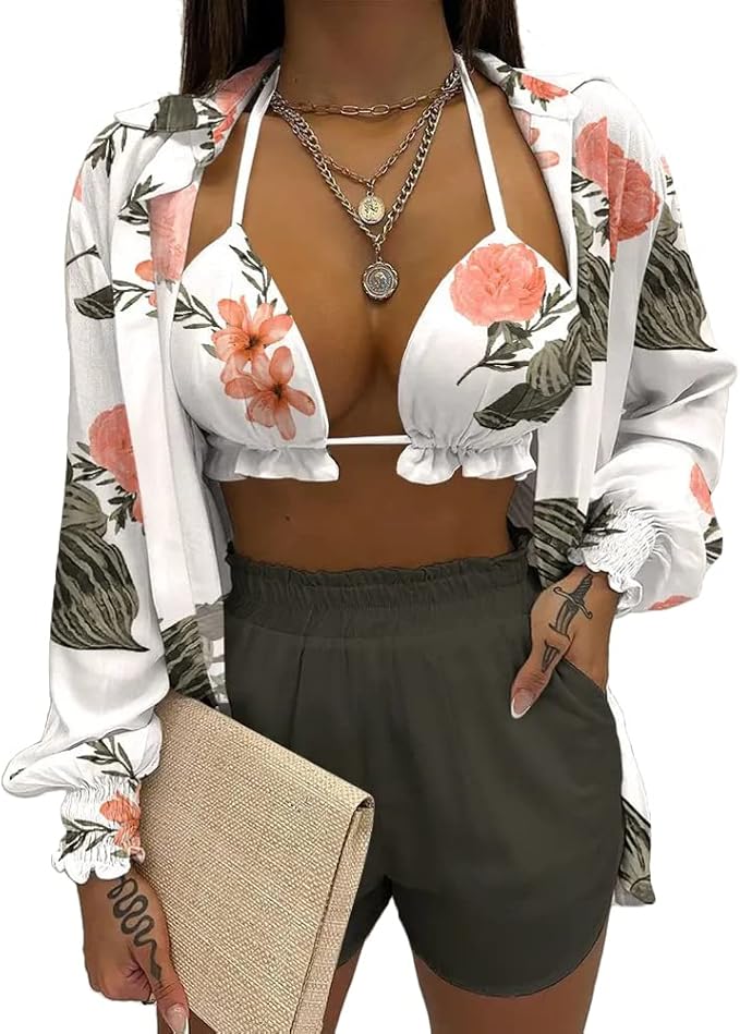 CCIGO Womens 3 Piece Outfits Floral Shirt Bra + Shorts with Pockets Casual Tracksuits Set Beach Cover up Sets