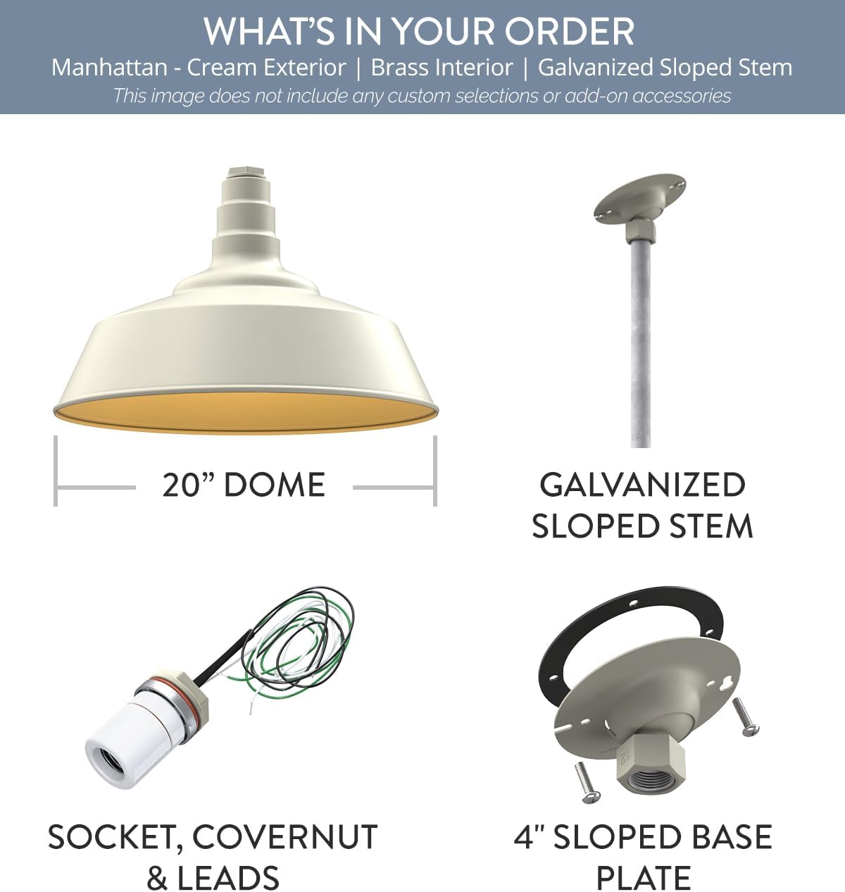 Steel Lighting Co. Manhattan Warehouse Light | Ceiling Mounted Pendant | 20 inch Dome | 12" Sloped Stem | Large Steel Barn Light Made in America | Cream Exterior/Brass Interior