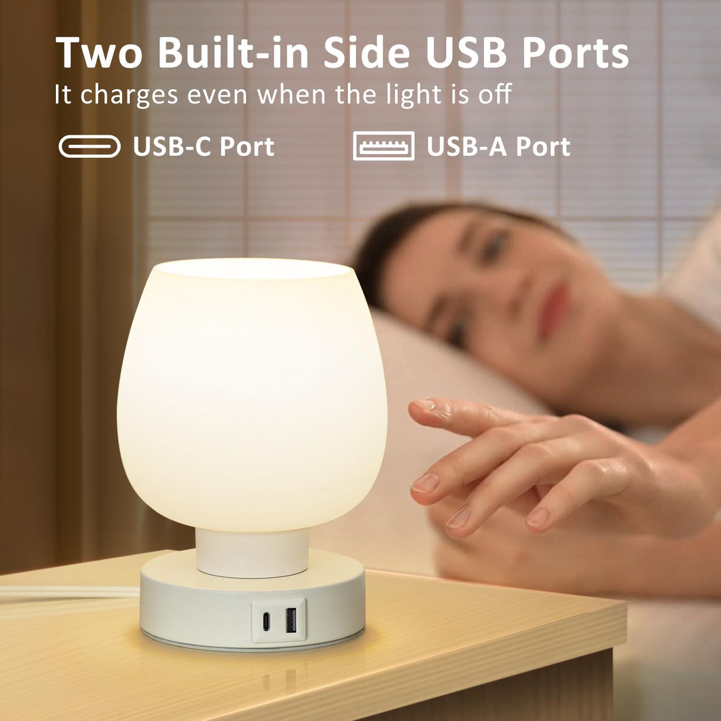 ONEWISH Touch Bedside Table Lamp, USB C+A Ports, 3-Way Dimmable, Glass Shade, Warm LED Bulb, Small, USB-white