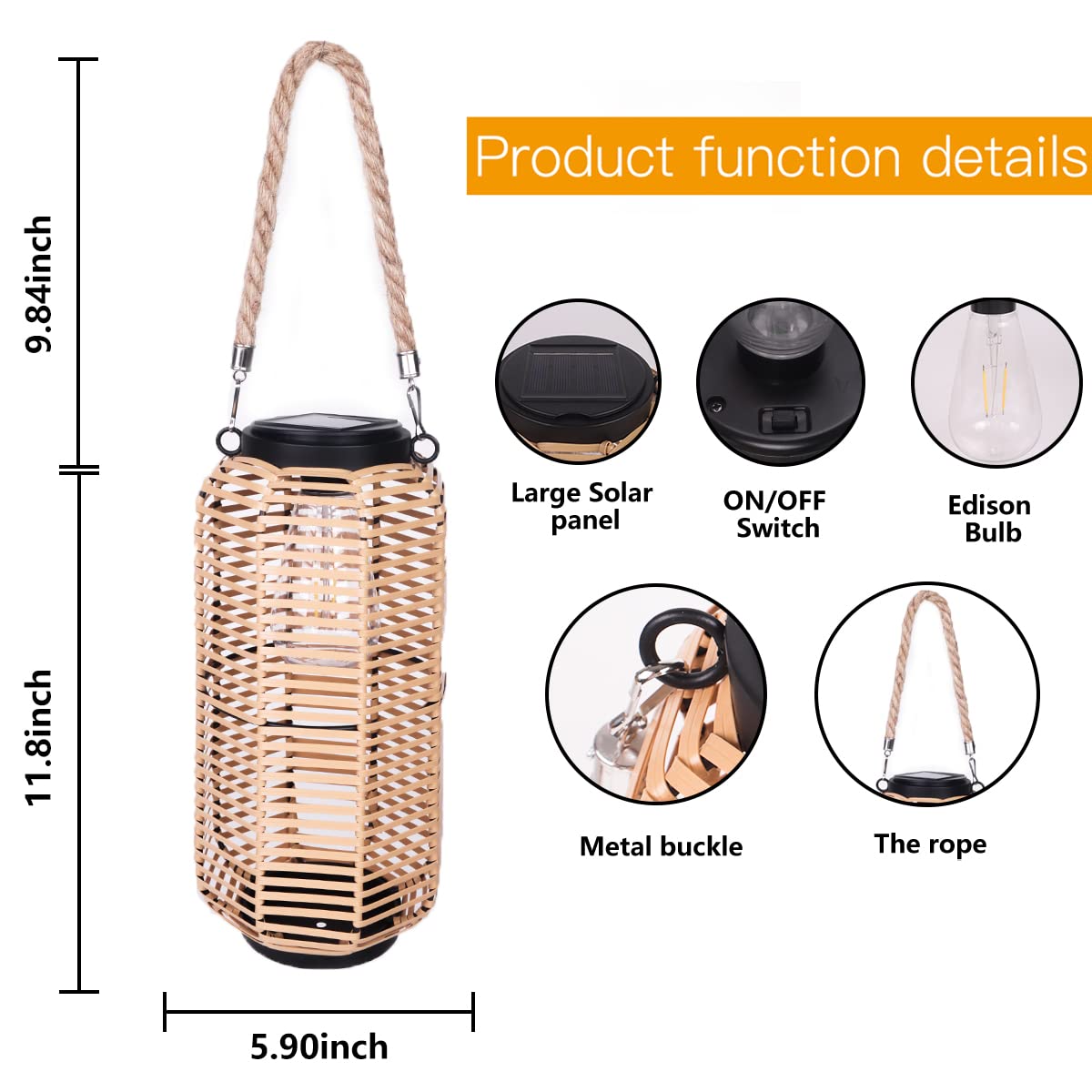 Livinlarge Solar Lantern - Rattan Waterproof Hanging Light with Twine Handle, Edison Bulb for Garden, Patio, Multicolor, Model 443