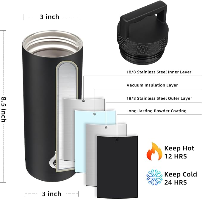 BJPKPK Insulated Water Bottles, Dishwasher Safe 18 oz Water Bottle with Handle, Leakproof BPA Free Thermal Flasks, Stainless Steel Jug for Sports, Black