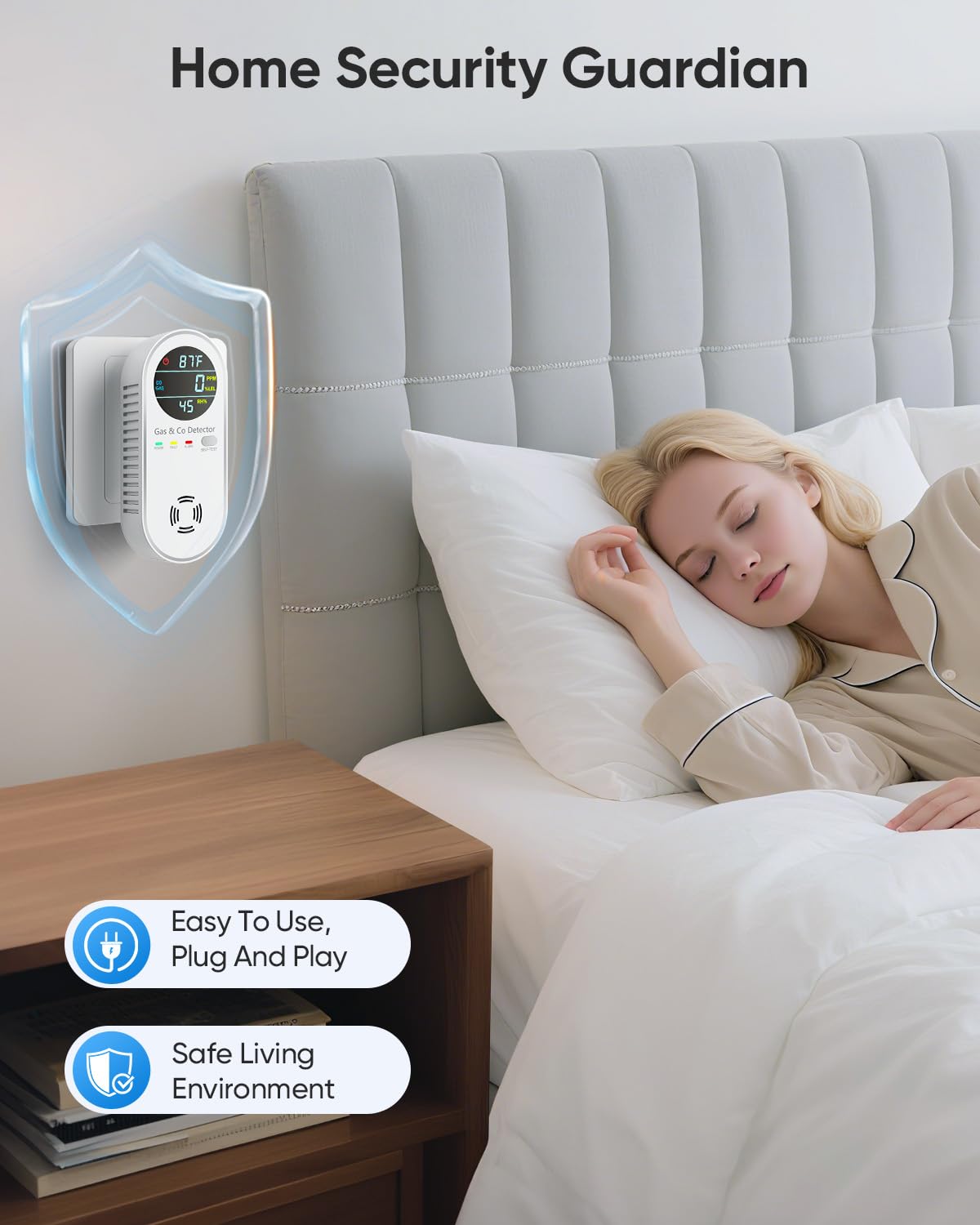 Vilfet Carbon Monoxide Detectors & Natural Gas Detector, 4-in-1 Carbon Monoxide Detectors Plug in, Gas Leak Detector with Dual Alarms, Temperature & Humidity Sensor for Home, RV, White, 1 Pack