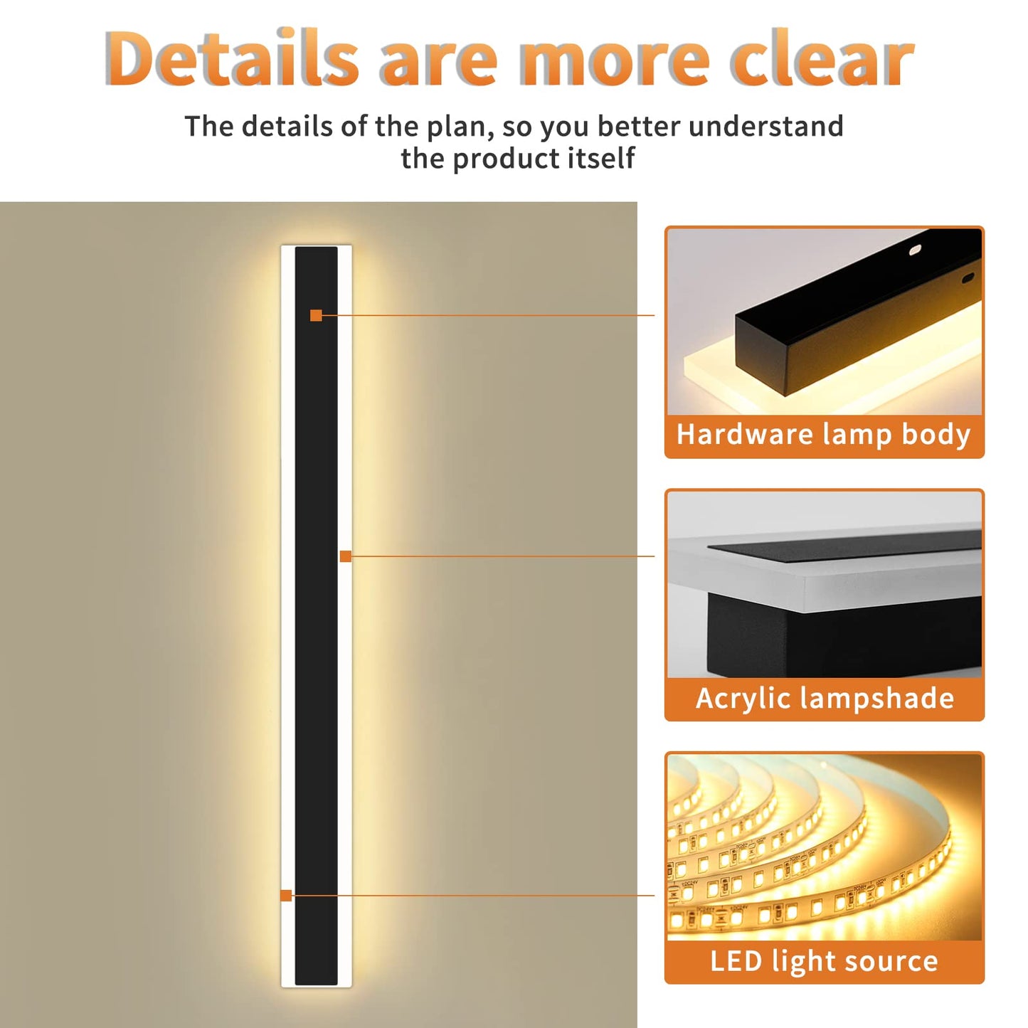 Modern 23.6Inch Outdoor Wall Light  3000K Black Acrylic Exterior Lighting Fixtures Wall Mount  Ip65 Waterproof Modern Porch Lights Outdoor Wall Sconce  Led Long Outdoor Lights For House Hard-Wired