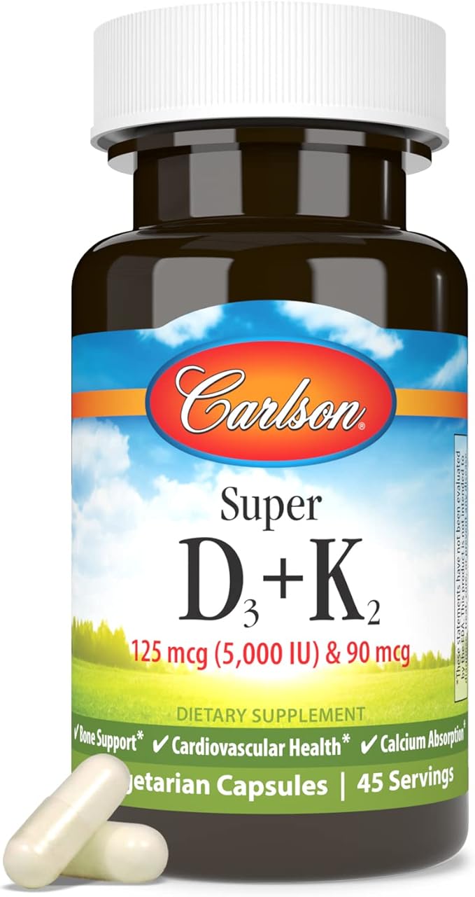 Carlson - Super D3 + K2, 125 mcg (5000 IU) Vitamin D3, 90 mcg Vitamin K2 as MK-7, Bone Support, Calcium Absorption, 45 Vegetarian Capsules