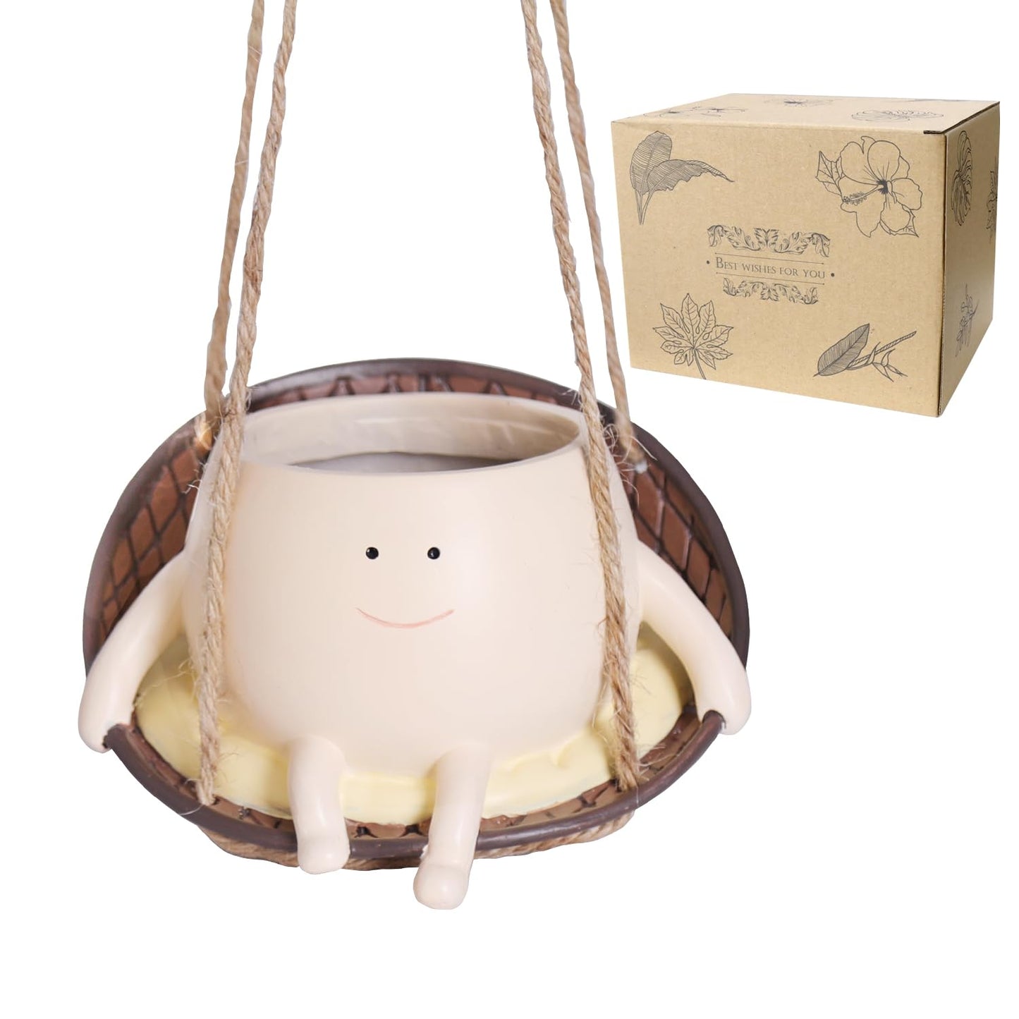 UMESONG Hanging Swing Chair Planter Pot Smiley Face Planter for Indoor Outdoor Plant Cute Head Resin Flower Pots for String of Pearls Plant Live Unique Gift IdeaI for Mother Day, Christmas (Large)