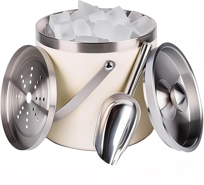 3L Beige-White Double Wall Insulated Stainless Steel Ice Bucket with Scoop for Cocktail Bar,Metal Ice Bucket for Freezer w...