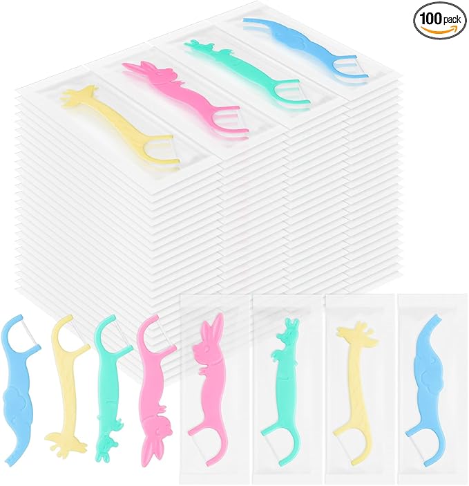 Kids Floss Individually Wrapped Kids Dental Floss Picks 4 Cute Animal Shapes Fun Flossers Helps Prevent Tooth Decay & Gum Diseas for Family, Travel, and picnics 4 Colors (200)