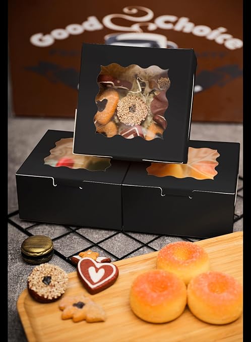 Bakepacker 100pcs Black Bakery Boxes with Window 6x6x3 inches Thick & Sturdy Macaroon Pastry Boxes Cookie Boxes for Bakerys