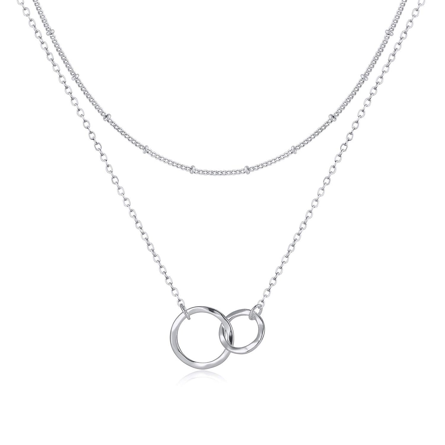 Fettero Layered Necklace Sliver Satellite Chain Choker Interlocking Infinity Hammered Circle Pendant Platinum Plated Dainty Simp