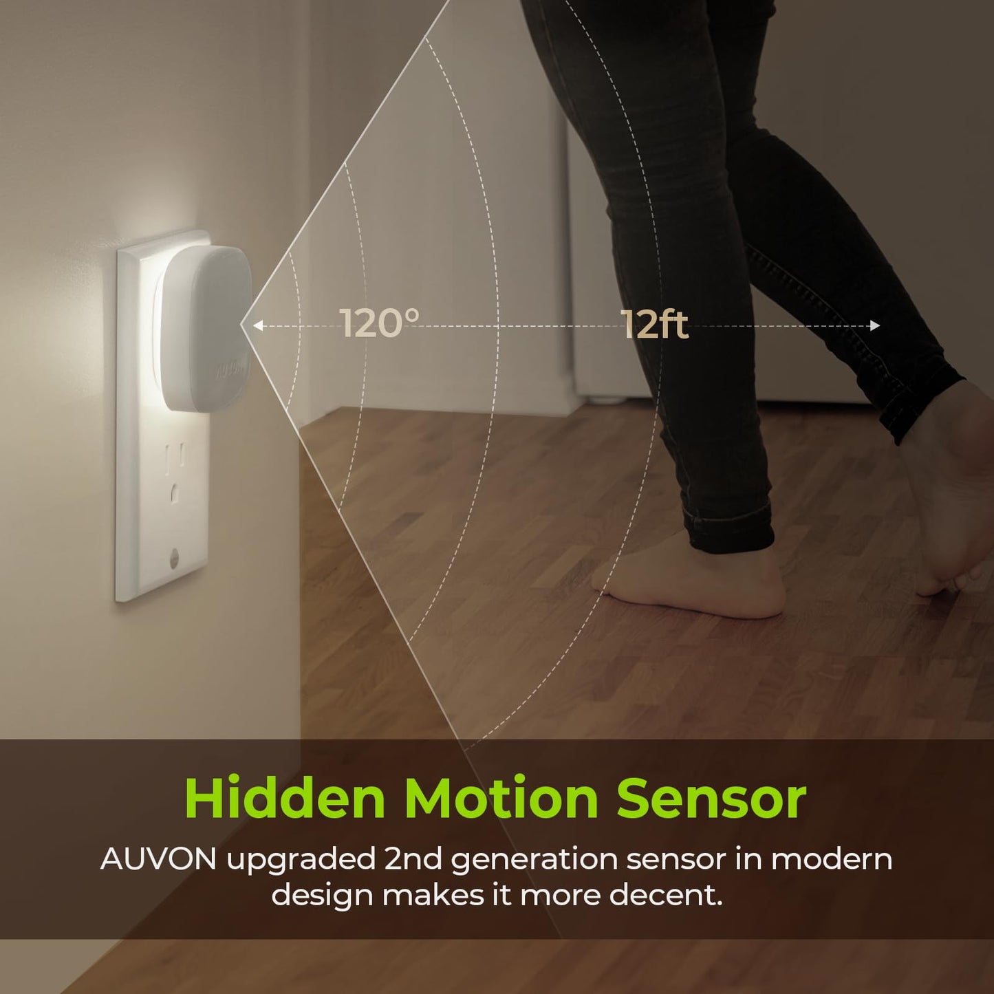 AUVON LED Night Light with Motion Sensor, Dimmable 1-50 lm Brightness, Cool White, 4 Pack, Model N001A