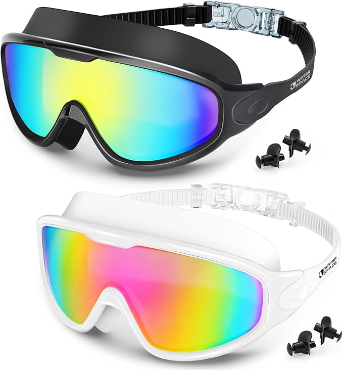Water Space Swim Goggles 2 Pack for Adult Men Women, Anti-fog UV Protection No Leak 180° Wide View Clear Vision Pool Goggles