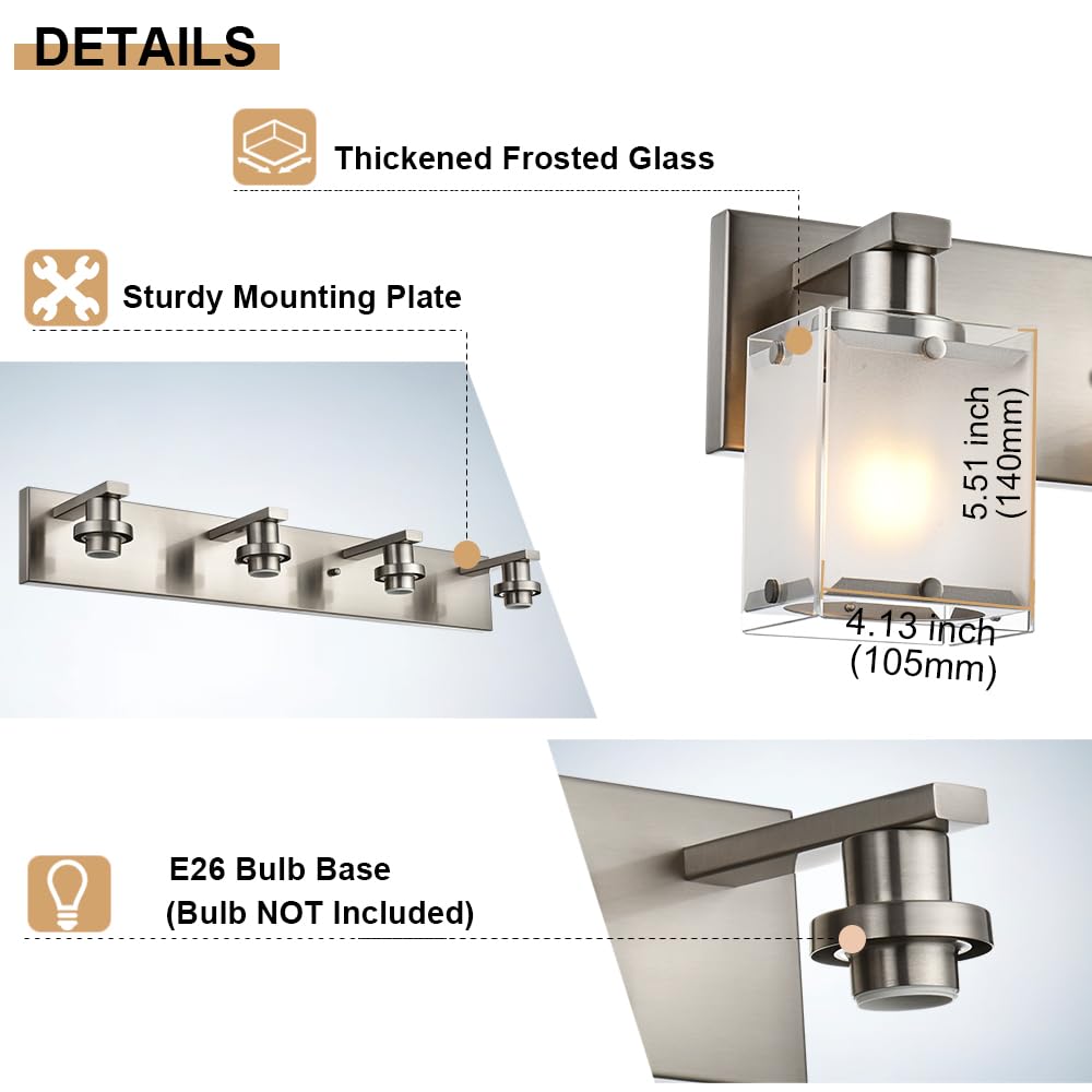 Winshen Modern 3-Lights Brushed Nickel Vanity Lights  Bathroom Light Fixture Over Mirror Wall Lighting Sconces With Frosted Glass Shades  E26 Bulb Base
