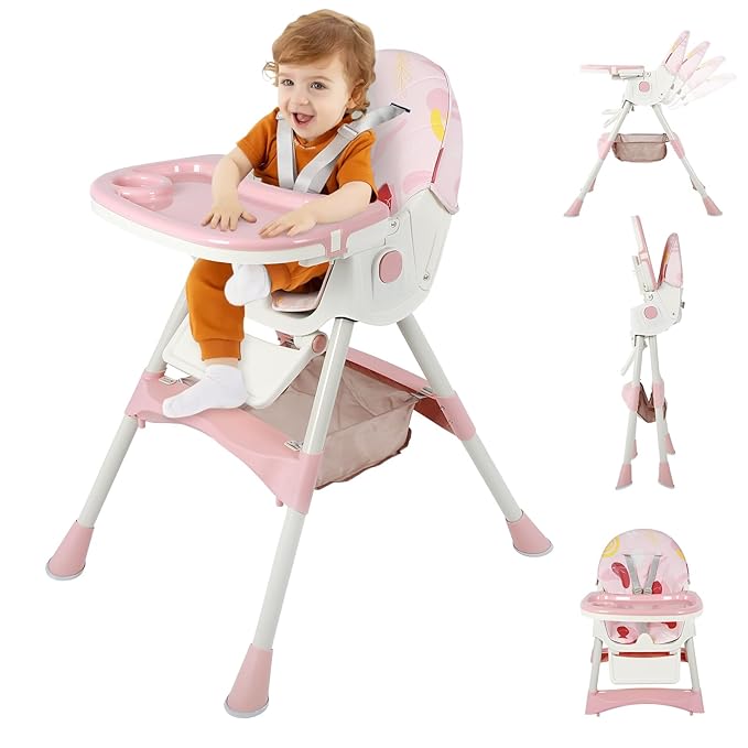 6-in-1 Foldable Baby High Chair for Babies & Toddlers – Adjustable Height & Recline, 5-Point Safety Harness, Removable Tray | Portable Highchair, Space-Saving & Easy Clean | Silla de Comer para Bebé