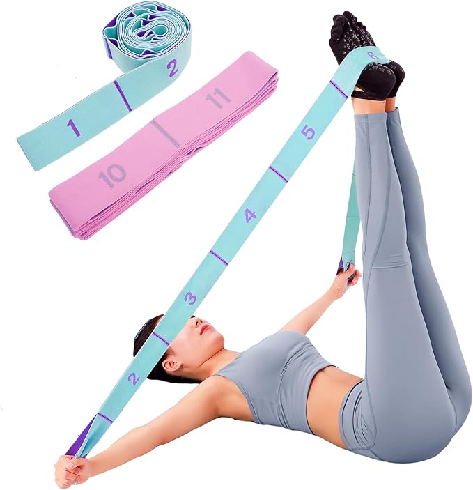2-Pack Yoga Straps with 11 Loops - Adjustable Elastic Stretching Bands for Pilates, Dance, Ballet Gymnastics & Physical Th...