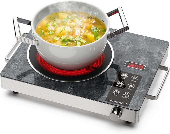 1800W Single Burner Electric Stove Top, Portable Infrared Electric Cooktop with Marble Glass, 110V Ceramic Hot Plate, Countertop Burner with Timer & Knob Control, 18 Levels Power Settings