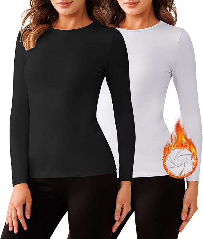 Bonneuitbebe Women's 2 Pack Long Sleeve Thermal Shirts Soft Crewneck Undershirt Tops Lightweight Base Layer Cold Weather