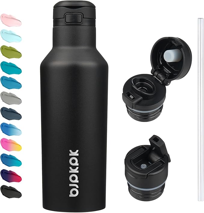 BJPKPK Insulated Water Bottle With Straw 17oz Stainless Steel Water Bottles With 2 Lids And Carry Handle Reusable Travel Metal Thermal Flask,Black
