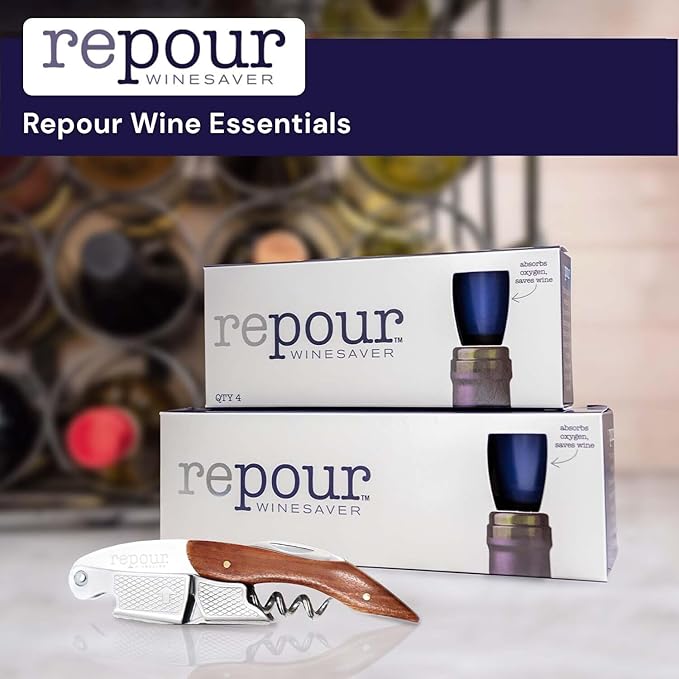 Repour Wine Essentials Combo Pack – Premium Corkscrew & Wine Saver | Manual Wine Key Removes Corks Easily, Wine Stopper Preserves Wine Easily|Perfect for Wine Lovers and Enthusiasts (Rosewood 10 Pack)