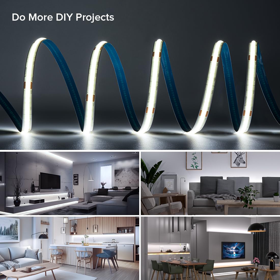FCOB DC24V COB LED Strip 6000K, 480 LEDs/m, Dimmable, Flexible, High Density, Cool White, Ideal for Kitchen and Home Decor