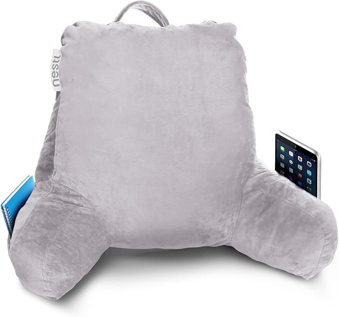 Nestl Reading Pillow Standard Bed Pillow, Back Pillow for Sitting in Bed Memory Foam Chair Pillow, Reading & Bed Rest Pillows Grey Lavender Back Pillow for Bed, Bed Chair Arm Pillow with Pockets