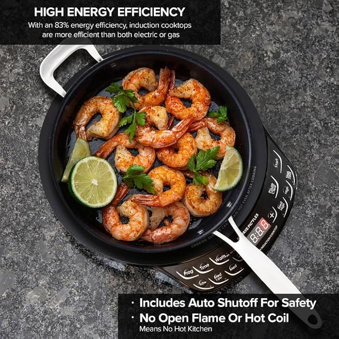 NUWAVE Flex Precision Induction Cooktop, 10.25” Shatter-Proof Ceramic Glass, 6.5” Heating Coil, 45 Temps from 100°F to 500°F, 3 Wattage Settings 600, 900 & 1300 Watts, 9” Duralon Ceramic Pan Included