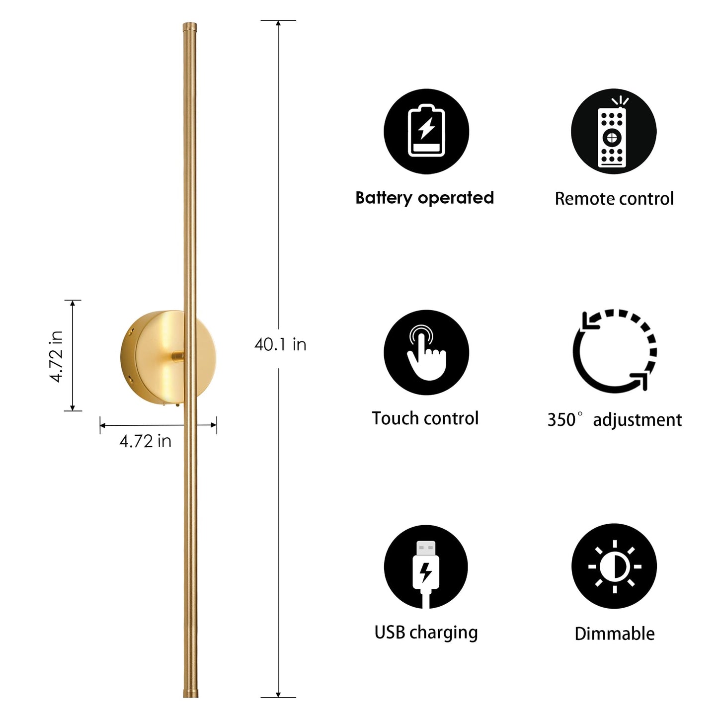 KARTOOSH Battery Operated Wall Sconces Set of Two, Dimmable, 40.1 Inch, Gold, Remote Control, 350° Rotate, Model ZM317BGD
