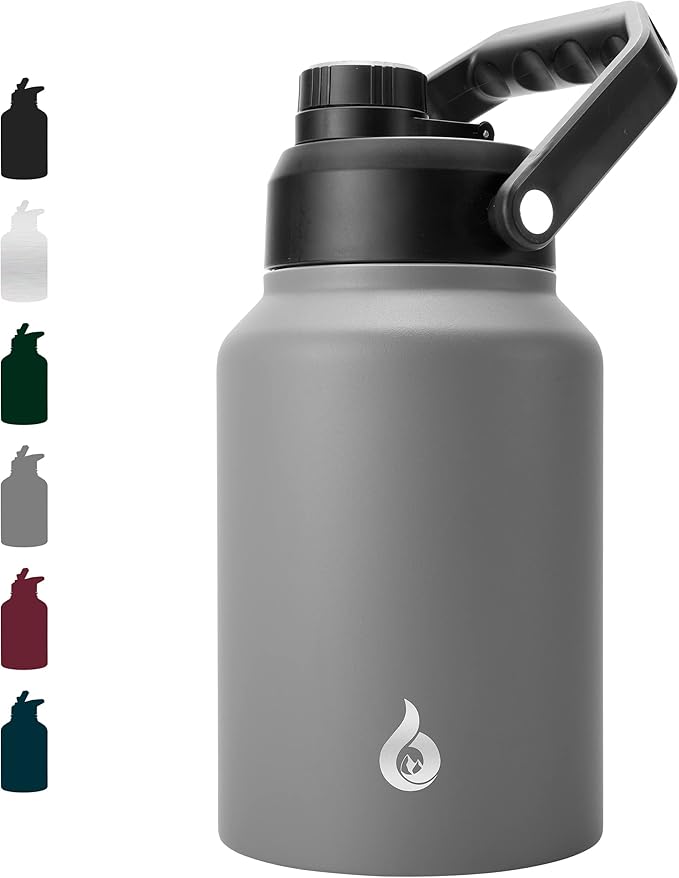 BJPKPK 64 oz Insulated Water Bottle, Dishwasher Safe Half Gallon Water Bottle with Ergonomic Handle, BPA Free Leak Proof Water Jug for Sports, Metal Jug with Anti-slip Bottom, Grey
